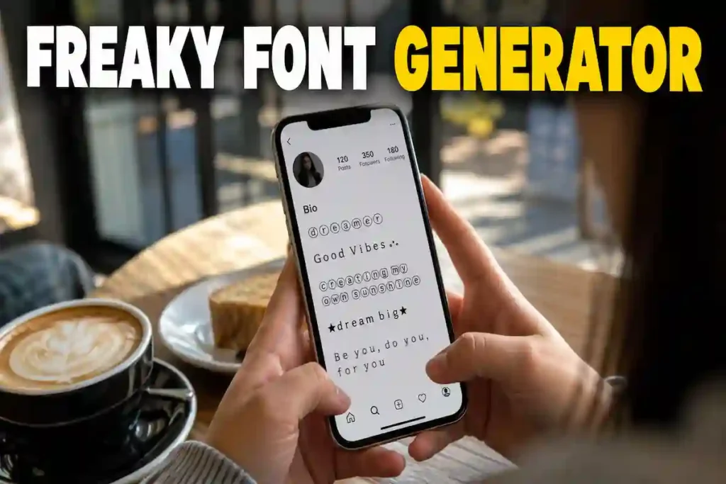 Freaky font generator open on a phone showing a stylized Instagram bio