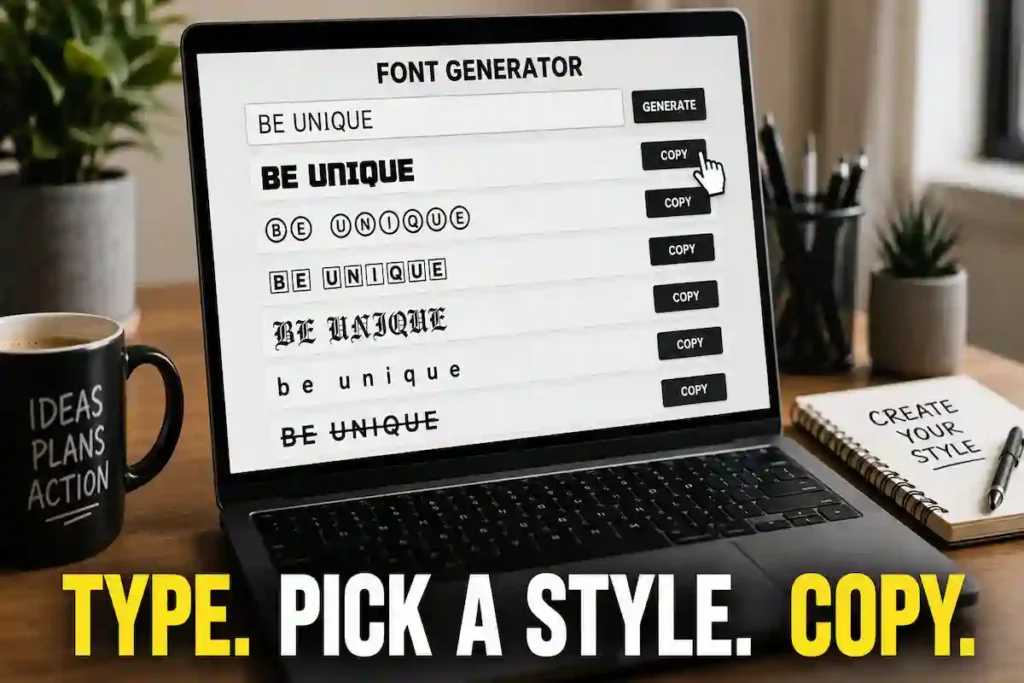 Step-by-step freaky font generator process on a laptop screen